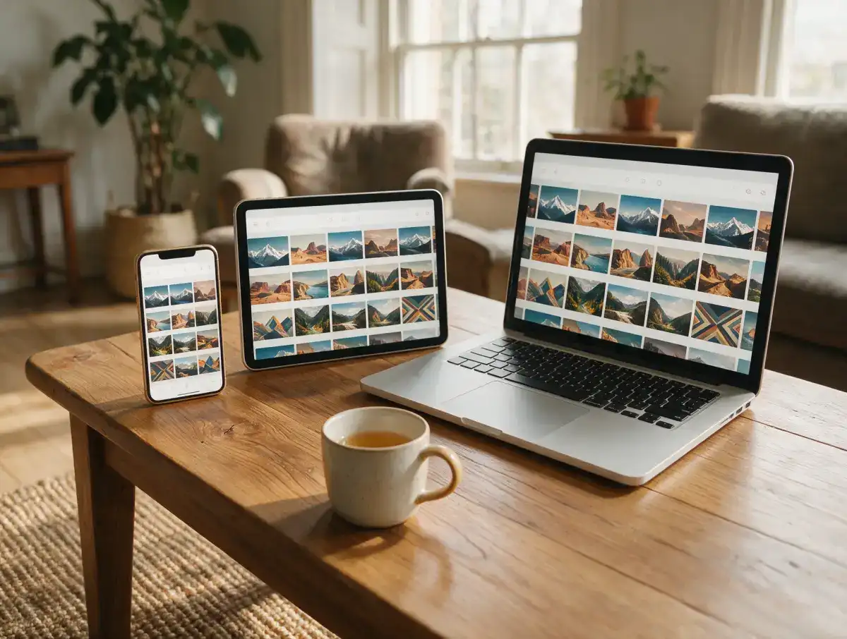 Beste IPTV app op telefoon, tablet en laptop naast elkaar op een houten salontafel