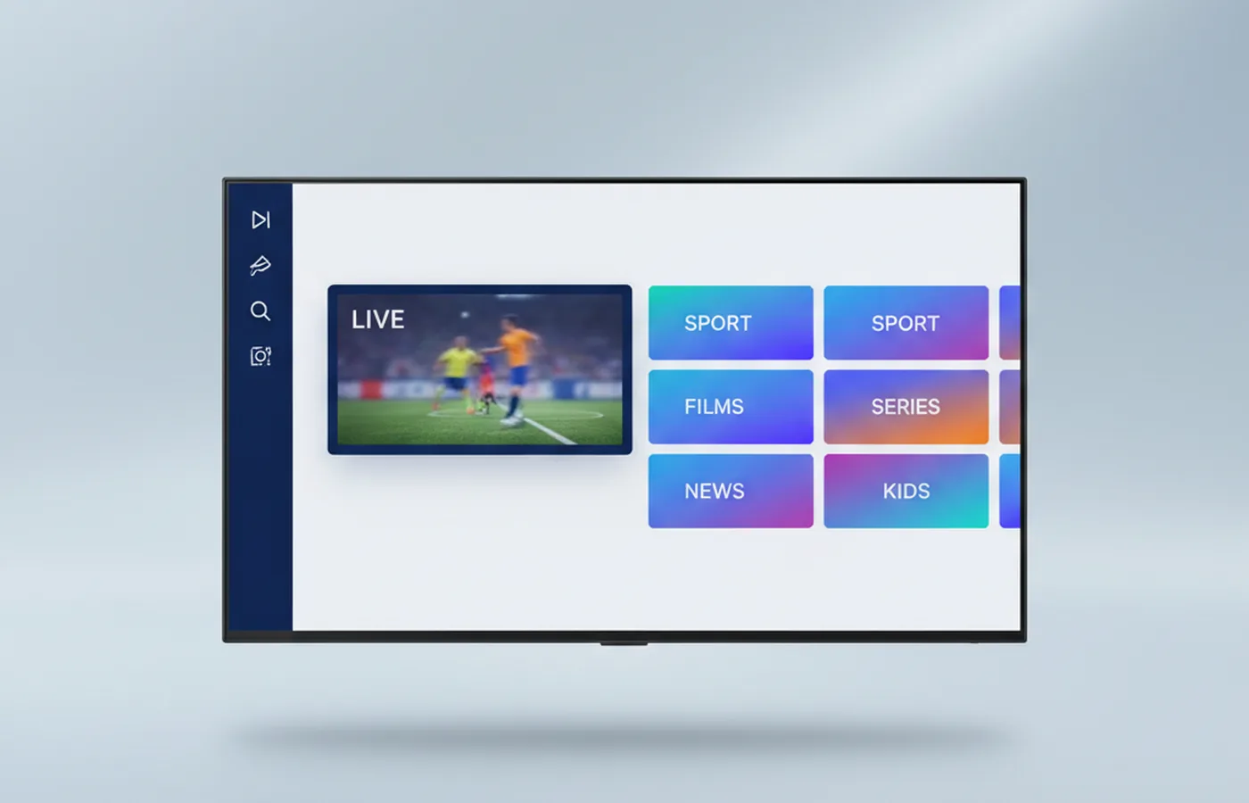 Voorbeeld van een IPTV-app met categorieën voor live tv, sport en films