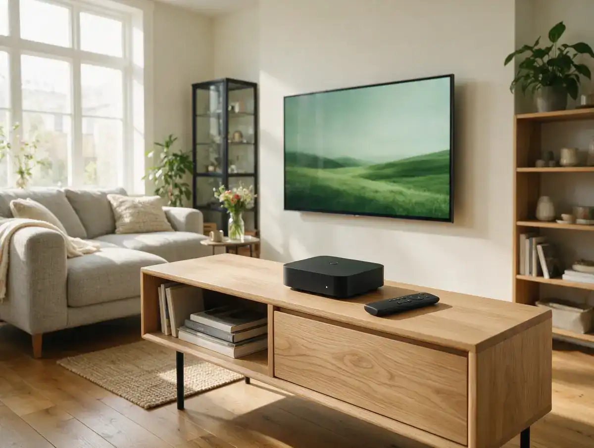 IPTV box met afstandsbediening op een houten tv-meubel onder een smart tv in een lichte woonkamer