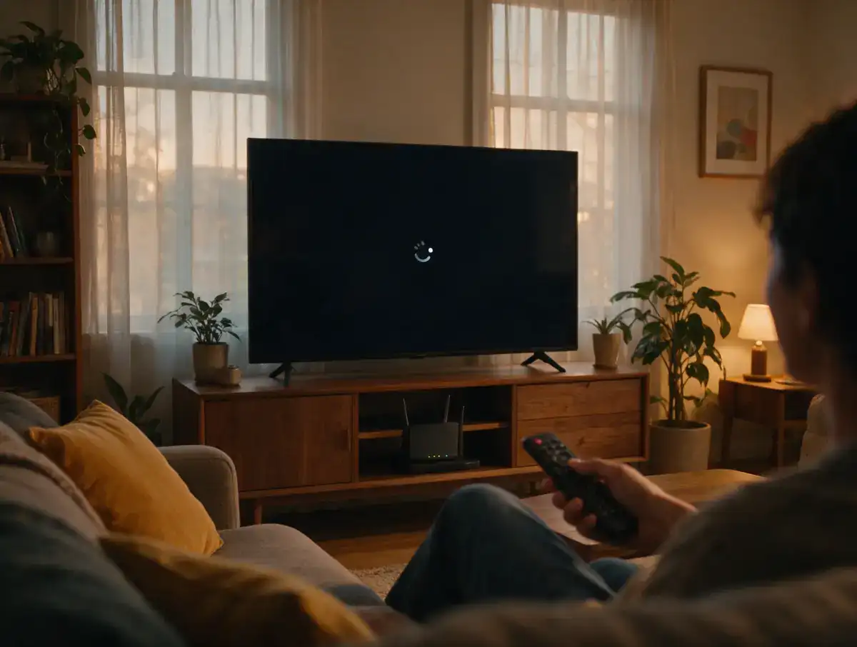IPTV storing: tv met een laadsymbool op een zwart scherm, kijker met afstandsbediening en wifi-router op de achtergrond